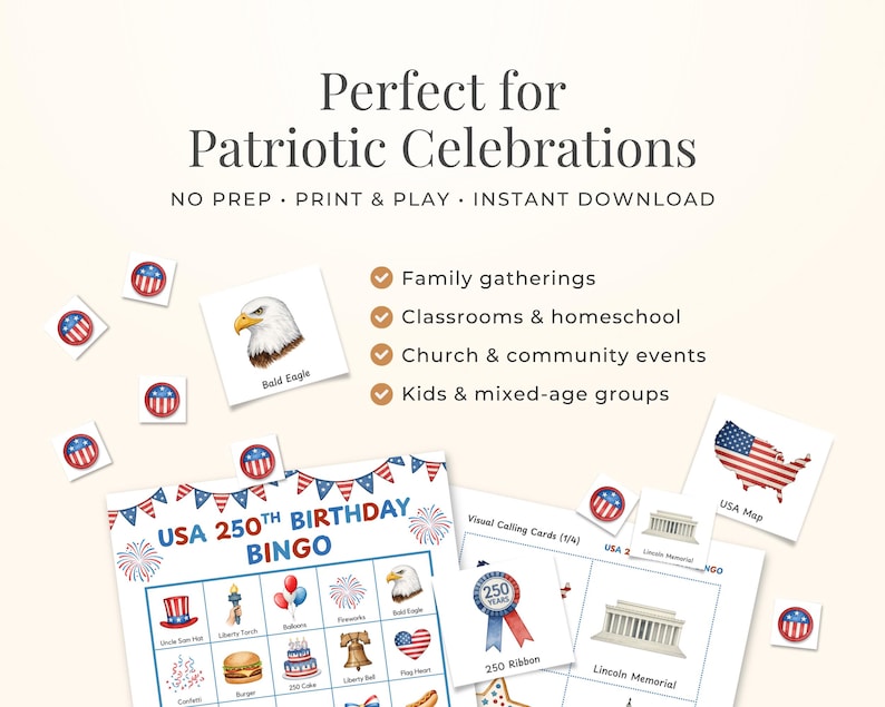 Printable Download Instant Access Patriotic Bingo Game Fifty Unique Cards July Fourth Independence Day Party Entertainment USA 250th Birthday Anniversary Celebration Semiquincentennial Interactive Activity Classroom Educational Game Family