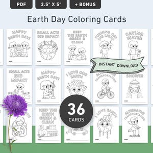 Earth Day Coloring Cards: 36 Fun Designs for Kids - Printable Classroom Activity - Happy Earth Day Coloring Fun!