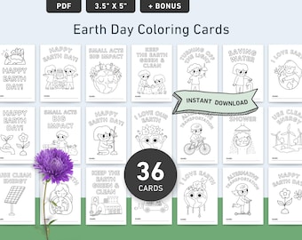 Earth Day Coloring Cards 36 Fun Designs for Kids - Printable Classroom Activity - Happy Earth Day Coloring Fun!