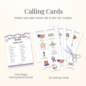 The image is a birthday-themed bingo game with a sheet of 24 calling cards and a printed bingo card.