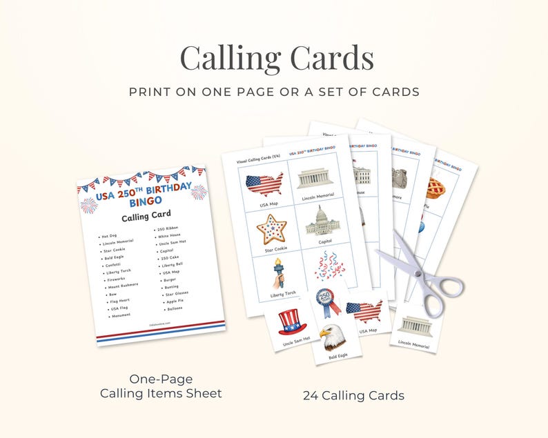 The image is a birthday-themed bingo game with a sheet of 24 calling cards and a printed bingo card.