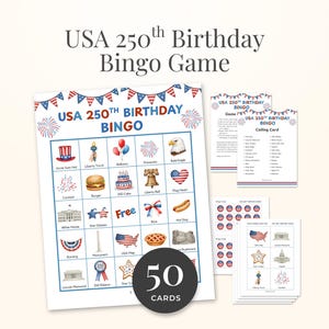 Patriotic Bingo Game July Fourth Independence Day Activity Printable Download Instant Access Fifty Unique Cards USA 250th Birthday Anniversary Celebration Semiquincentennial Interactive Group Entertainment Classroom Party Game Family