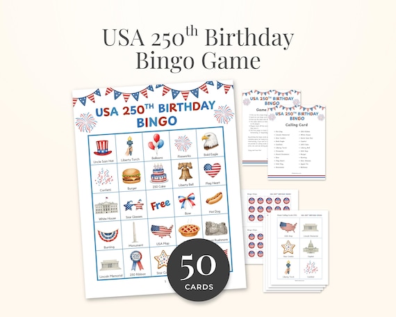 50 Cards USA 250th Birthday Bingo Game, Semiquincentennial Activity, Patriotic July 4th Classroom Games, Independence Day Favor (Digital)