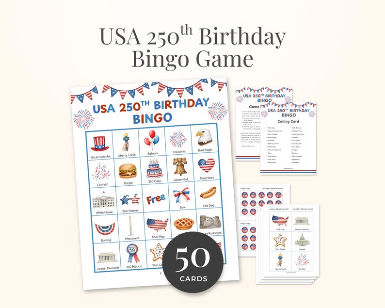 Patriotic Bingo Game July Fourth Independence Day Activity Printable Download Instant Access Fifty Unique Cards USA 250th Birthday Anniversary Celebration Semiquincentennial Interactive Group Entertainment Classroom Party Game Family