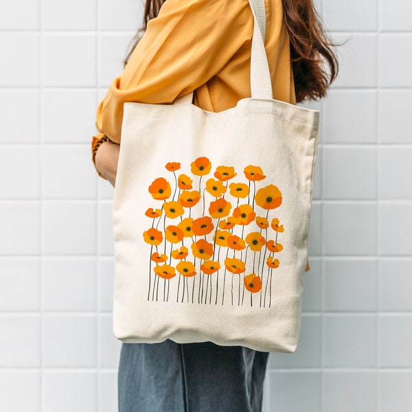 Golden Poppies Print Cotton Canvas Tote Bag, Floral Poppy Print Grocery Bag, Boho Wildflowers Tote, California Book Bag - 15"x16"