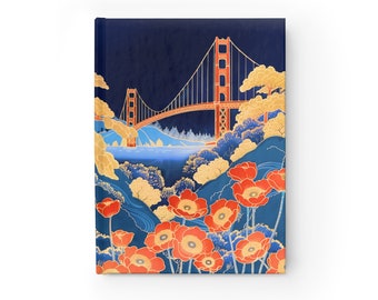 Golden Gate Bridge Hardcover Sketchbook, San Francisco Travel Journal, Japanese Woodblock Print Notebook - Blank Unruled 5" x 7"