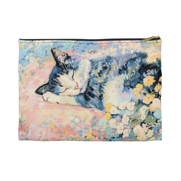 Sleeping Cat Floral Accessory Pouch, Cute Cat Cosmetic Bag, Zipper Pouch, Cat Mom Travel Bag, Pencil Pouch, Cat Lover Gift, Soft Girl Gift