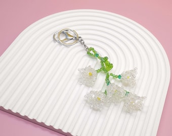 Beaded Lily of the Valley Keychain, Handmade Floral Bag Charm, Cottagecore Botanical Gift