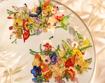 Colorful Floral Statement Earrings, Handmade Beaded Flower Dangle Earrings, Garden Party Jewelry