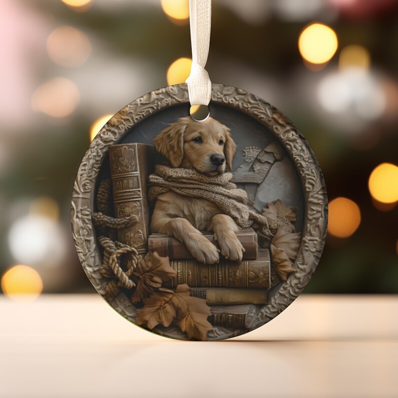 May include: Round Christmas ornament featuring a golden retriever puppy wearing a scarf and resting on a stack of books. The ornament has a detailed, embossed border and is suspended by a cream-colored ribbon. Autumn leaves are also featured.