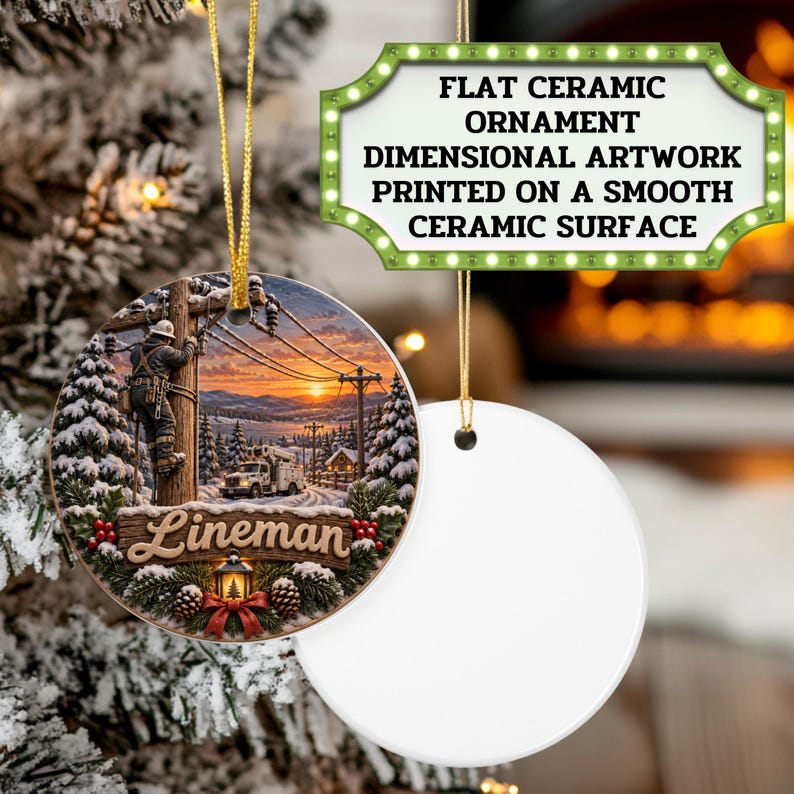 May include: A round ceramic ornament featuring a printed scene of a lineman working on a utility pole at sunset, with snow-covered pine trees and a utility truck. The word Lineman is written in script. A second blank white ornament is also shown.