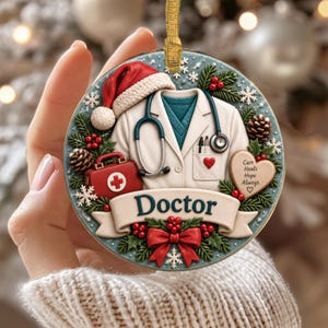 Puede incluir: Un adorno redondo de cerámica con una bata blanca de médico, un estetoscopio, un botiquín rojo y un gorro de Papá Noel. El diseño incluye ramas de pino, piñas, copos de nieve, un lazo rojo y un corazón con el texto Care Heals Hope Always.