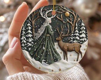 Yule Witch Christmas Ornament, Pagan Winter Solstice Gift, Witchy Holiday Decor, Green Witch Ceramic Ornament, Yule Gift