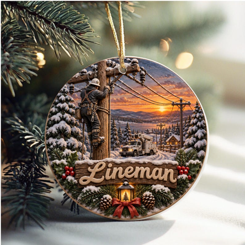 May include: A round Christmas ornament featuring a graphic of a utility worker climbing a wooden pole at sunset. The scene includes snow-covered pine trees, a utility truck, and a lantern. The word Lineman is printed in a script font.