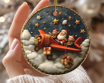 Santa Pilot Christmas Ornament, Pilot Gift, Aviation Lover Gift, Airplane Christmas Decor, Travel Lover Ceramic Ornament