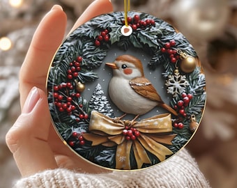 Bird Christmas Ornament, Bird Lover Gift, Farmhouse Christmas Decor, Rustic Country Ceramic Ornament, Nature Lover Christmas Gift