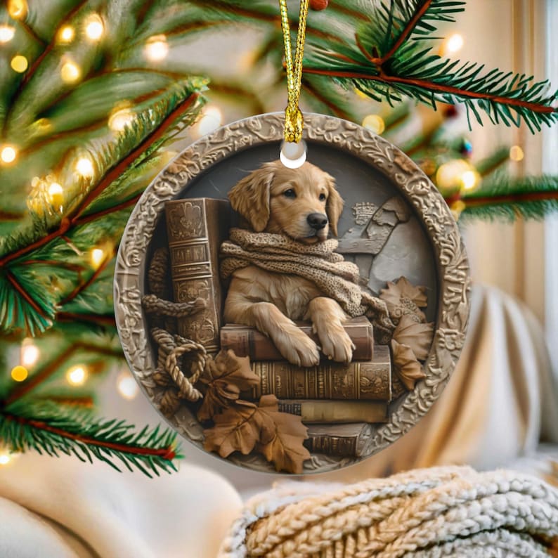 May include: A round Christmas ornament featuring a golden retriever puppy wearing a scarf and sitting on books. The ornament has a detailed relief design with a gold hanging cord and is surrounded by a decorative border. The background includes fall leaves.