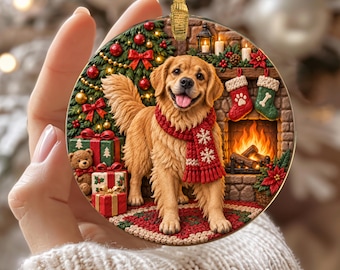 Golden Retriever Christmas Ornament, Festive Golden Dog Lover Gift, Holiday Ceramic Ornament, Golden Retriever Keepsake