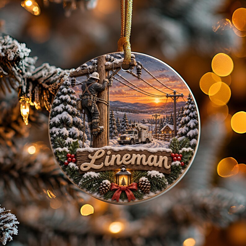 May include: A round ceramic Christmas ornament featuring a lineman working on a utility pole in a snowy landscape at sunset. The image includes a utility truck, pine trees, and a wooden sign with the text Lineman, decorated with holly and a lantern.