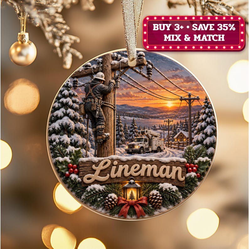 May include: A round ceramic ornament featuring a winter scene of a utility worker climbing a wooden pole. The image includes snow-covered pine trees, a utility truck, and a sunset. The word Lineman is written in script on a wooden plaque.