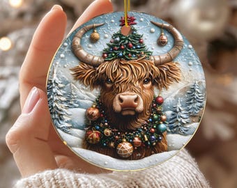 Adorno navideño de vaca de las Tierras Altas, regalo para amantes de las vacas de las Tierras Altas, decoración navideña rústica de granja, adorno de cerámica rústica de vaca, regalo para ella.