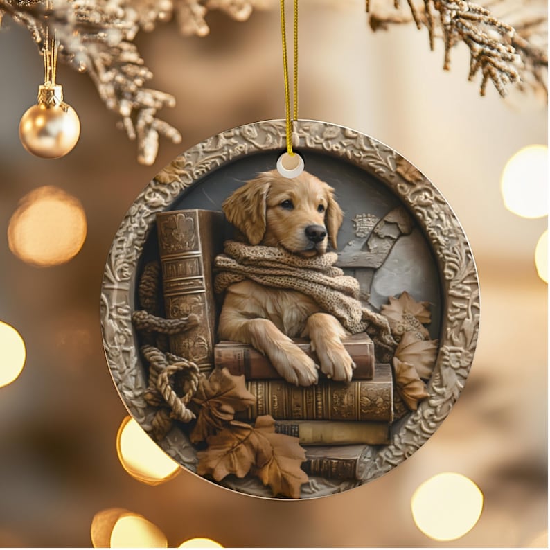 May include: A round Christmas ornament featuring a golden retriever puppy nestled among books and wearing a scarf. The ornament has a detailed, embossed border and is suspended by a gold cord. Autumn leaves are also present.