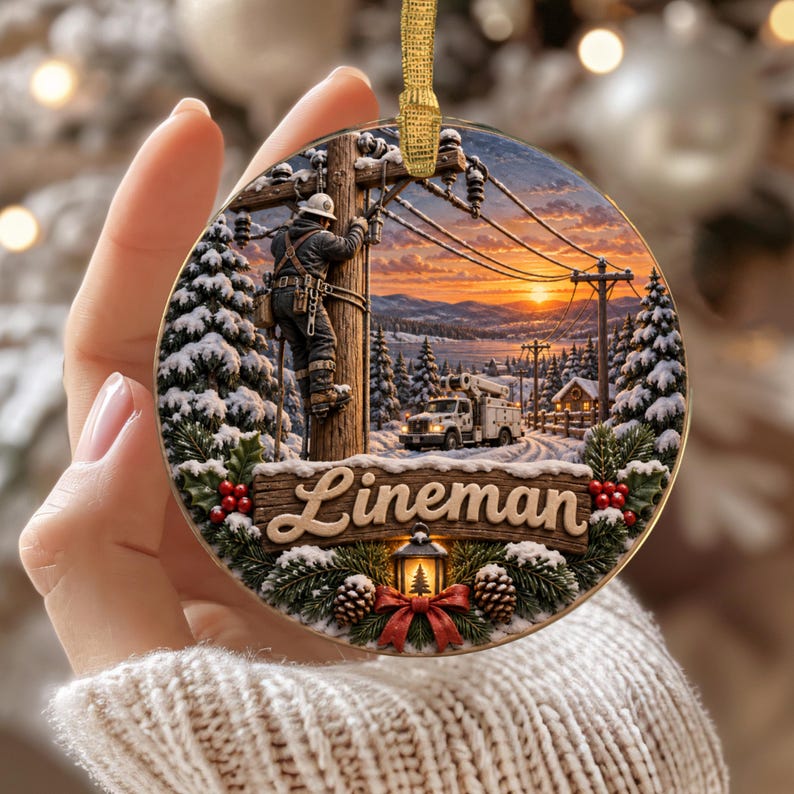 May include: A round ceramic Christmas ornament featuring a winter scene of a utility worker climbing a wooden power pole. The image includes a utility truck, snow-covered pine trees, and a sunset. The word Lineman is printed on a wooden sign.