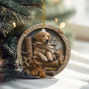 May include: A round, decorative Christmas ornament featuring a golden retriever puppy wearing a scarf and resting on a stack of books. The ornament has a detailed, embossed border and is accented with autumn leaves.