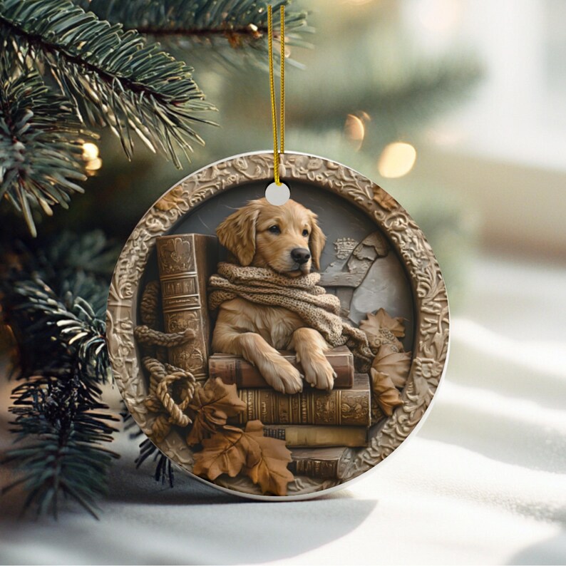May include: A round, decorative Christmas ornament featuring a golden retriever puppy wearing a scarf and resting on a stack of books. The ornament has a detailed, embossed border and is accented with autumn leaves.