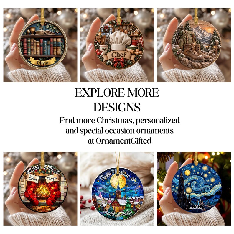 May include: A collection of six round ceramic ornaments featuring various printed designs including a bookshelf with the name Olivia, a chef hat, mountain hiking boots, a fireplace with stockings, a village scene, and a starry night sky with the name Lucas.