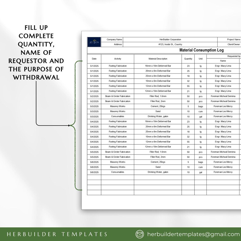 Material Consumption Log, Material Withdrawal Record, Withdrawal Log ...