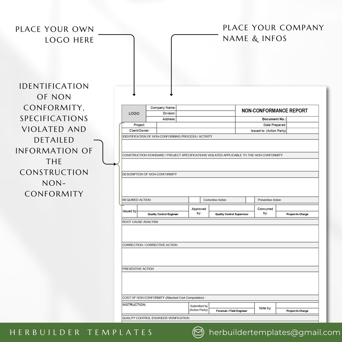Quality Control Inspection Report Form Non-conformance Report for Construction, Non-conformity Report, Quality ...