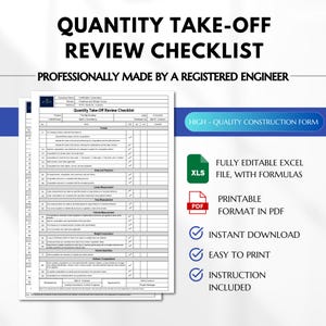 May include: A quantity take-off review checklist with the text "QUANTITY TAKE-OFF REVIEW CHECKLIST" at the top. The checklist is professionally made by a registered engineer. The image also includes the text "HIGH-QUALITY CONSTRUCTION FORM". The checklist is available in Excel and PDF formats.