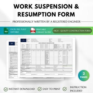 Könnte beinhalten: Eine zweiseitige Vorlage für ein Formular zur Arbeitsunterbrechung und Wiederaufnahme. Die Überschrift lautet Work Suspension & Resumption Form, Professionally Written by a Registered Engineer. Enthält Excel- und PDF-Symbole.