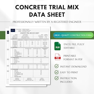 Puede incluir: Un formulario de hoja de datos de mezcla de prueba de hormigón imprimible. El formulario está escrito profesionalmente por un ingeniero registrado e incluye secciones para datos de mezcla de diseño, peso total del lote y un resumen de la mezcla de hormigón. El formulario está disponible para descarga instantánea en formatos PDF y Excel.