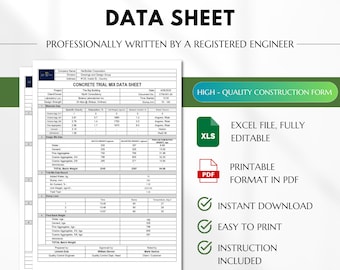 Concrete Trial Mix Data Sheet, Concrete Trial Batch, Ready Mix Concrete Trial Batching, Quality Control Forms & Template, Construction Forms