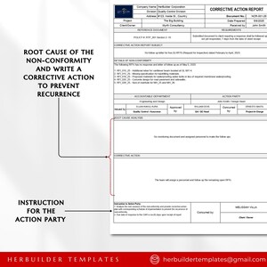 Puede incluir: Una plantilla de informe de acci&oacute;n correctiva para proyectos de construcci&oacute;n. La plantilla incluye secciones para el an&aacute;lisis de la causa ra&iacute;z, la acci&oacute;n correctiva y las instrucciones para la parte que realiza la acci&oacute;n. El documento se titula "Informe de acci&oacute;n correctiva" y tiene el n&uacute;mero de documento NCR-001-25.