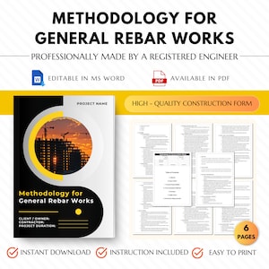 May include: A printable construction form for general rebar works. The form is professionally made by a registered engineer and includes a table of contents, objectives, types of rebar, and more. The form is available in PDF and Word formats and includes instructions for use.