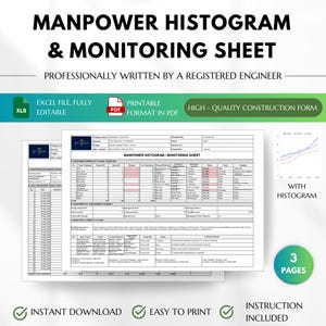 May include: A digital document titled Manpower Histogram & Monitoring Sheet, featuring a table with columns for trade, planned and actual personnel, and status. It includes a line graph, a summary section, and management comments, presented as a 3-page file.