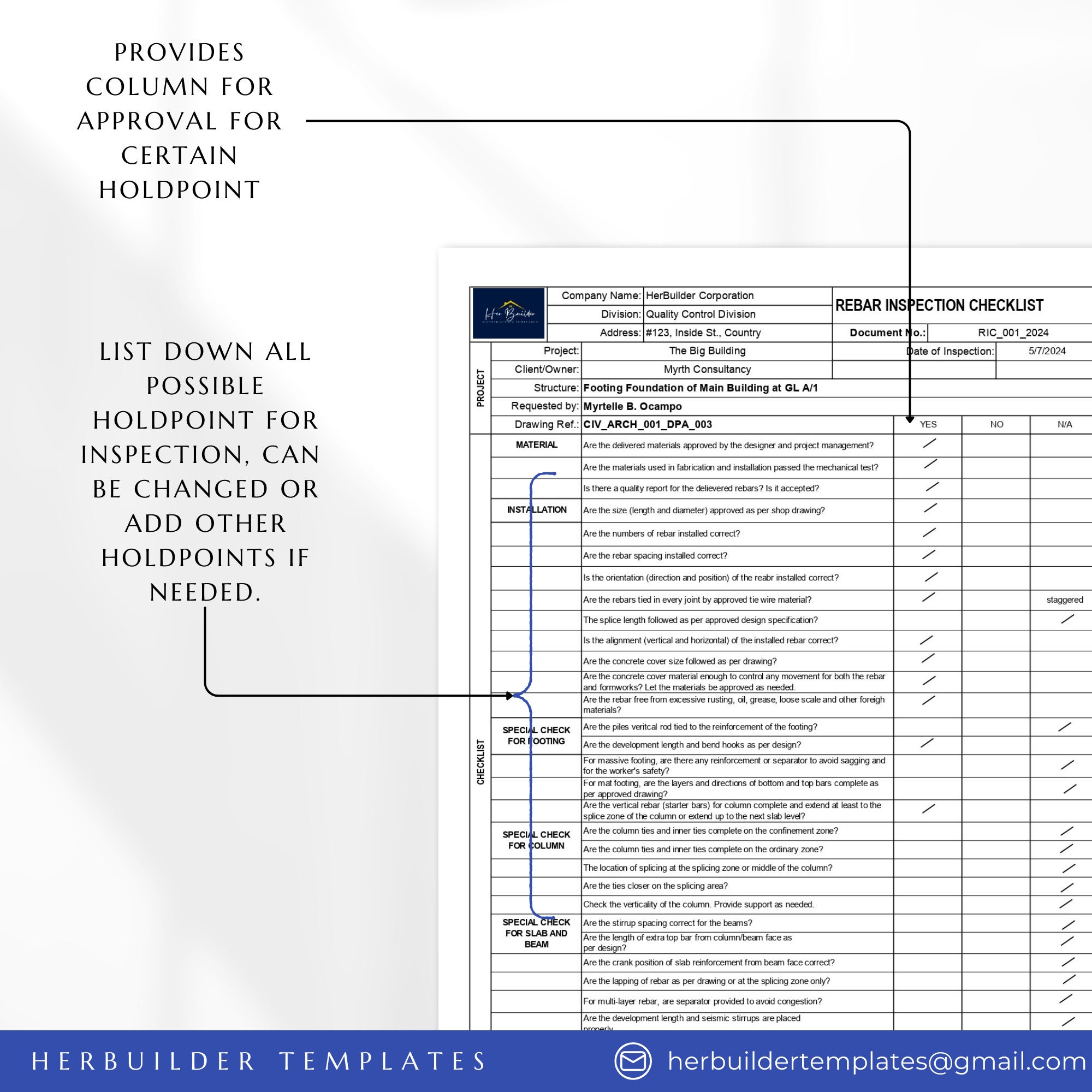 Rebar Inspection Checklist, Reinforcement Checklist, Quality Control