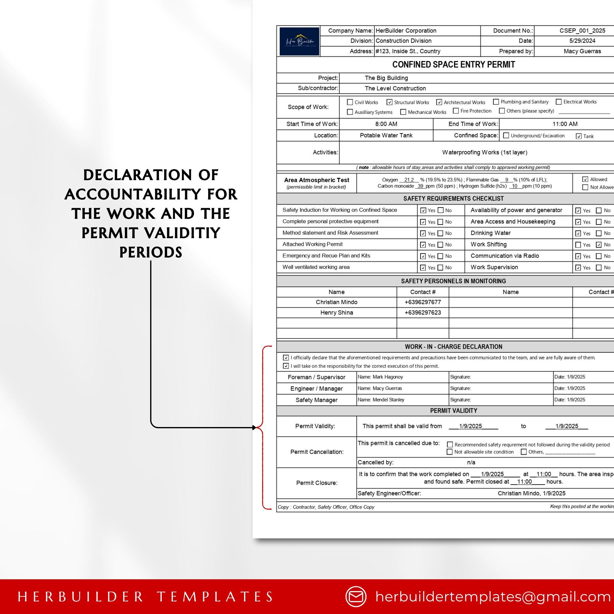 Confined Space Entry Permit, Safety Permit for Confined Space, Safety ...