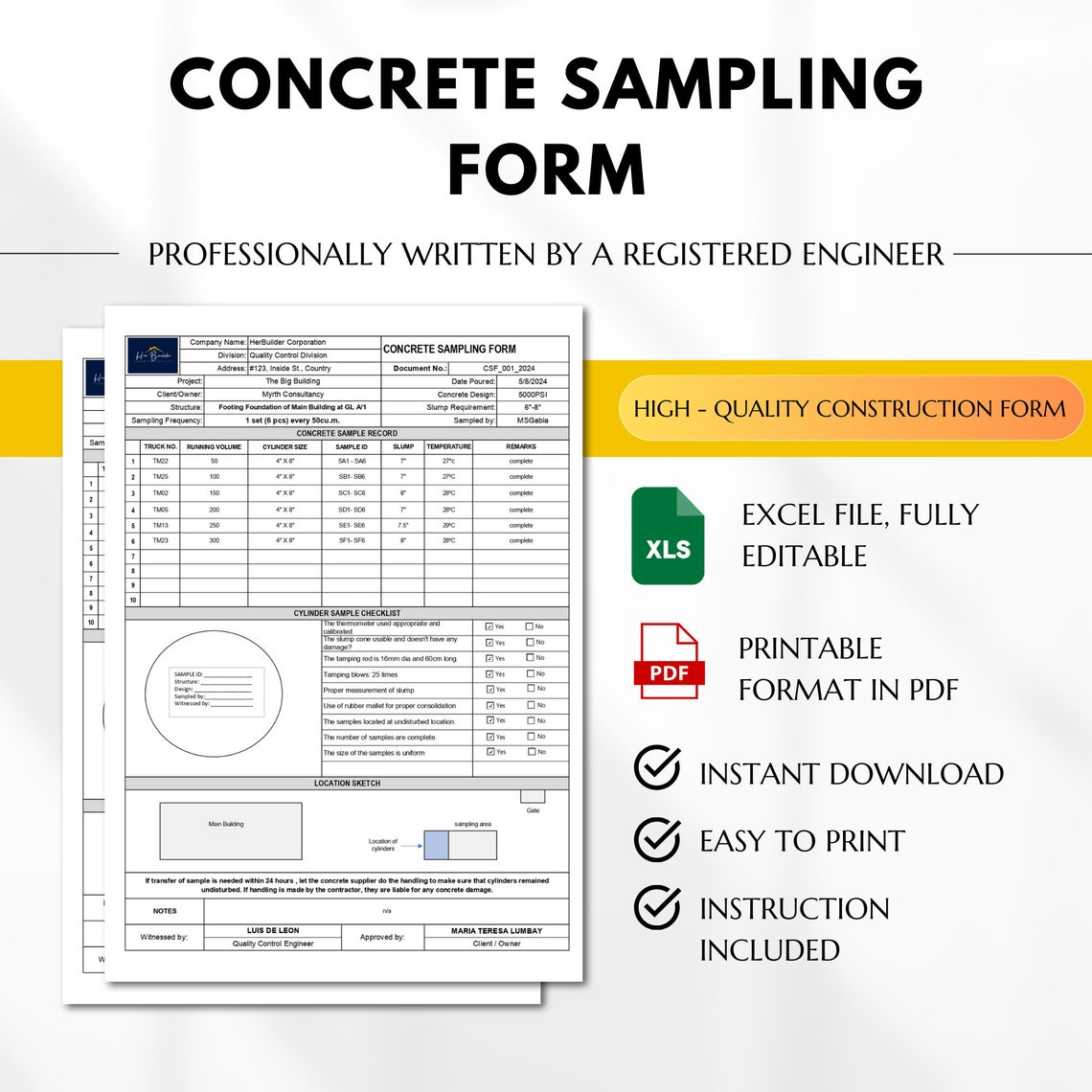 Concrete Sampling Form, Concrete Cylinder Sampling Template, Concrete ...