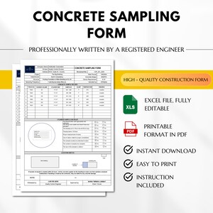 May include: A concrete sampling form with the title "CONCRETE SAMPLING FORM" and the text "PROFESSIONALLY WRITTEN BY A REGISTERED ENGINEER". The form includes sections for concrete sample records and a cylinder sample checklist. The form is available in Excel and PDF formats.