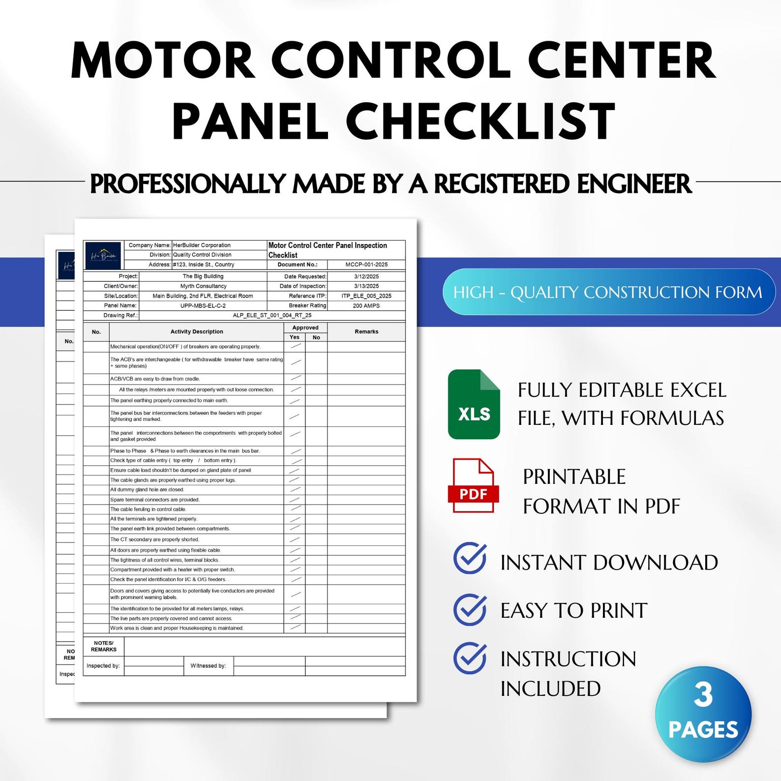 Motor Control Center Panel Checklist, MCC Panel Checklist, Panel Board ...