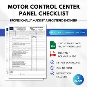 Op de afbeelding: Een afdrukbare checklist voor het inspecteren van motorbesturingspanelen. De checklist is professioneel gemaakt door een geregistreerde ingenieur en bevat secties voor bedrijfsinformatie, projectdetails, activiteitenbeschrijvingen en opmerkingen. De checklist is beschikbaar in zowel Excel- als PDF-formaten.