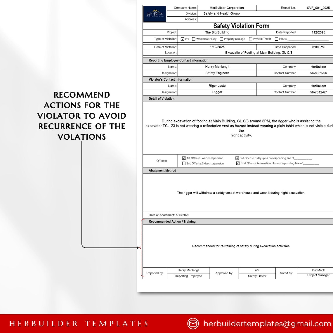 Safety Violation Form, Construction Violation Reports, Unsafe Act ...