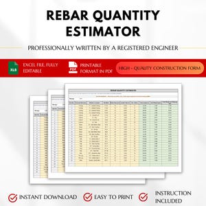 以下が含まれることがあります： Rebar Quantity Estimatorのデジタル文書。アイテム番号、コンクリート構造、部材位置、バーマーク、鉄筋サイズ、長さ、本数、合計長さ、単位重量、合計重量（kg）の列を含む表が表示されています。