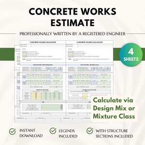 May include: A printable concrete works estimate worksheet with a volume calculator for stair steps. The worksheet includes a design mix and mixture class section. The document is professionally written by a registered engineer and includes legends. The document is available for instant download.