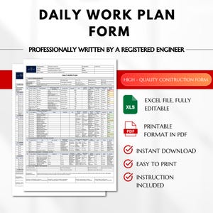 Op de afbeelding: Een dagelijks werkplanformulier voor bouwprojecten, met een rasterindeling met kolommen voor taken, apparatuur en veiligheidscontroles. De tekst bevat 'DAILY WORK PLAN FORM', 'EXCEL FILE, FULLY EDITABLE', 'PRINTABLE FORMAT IN PDF' en 'INSTANT DOWNLOAD'.