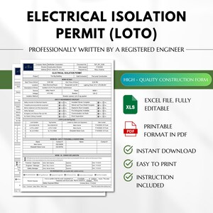 Könnte beinhalten: Ein Formular für eine elektrische Isolationsgenehmigung (LOTO) für Bauarbeiten. Das Dokument enthält Abschnitte für Arbeitsdetails, Sicherheitsanforderungen, LOTO-Protokolle und Arbeitnehmererklärungen. Verfügbar als bearbeitbare Excel-Datei und PDF.